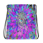 Colorful Floral Drawstring Bags, Trippy Abstract Aqua, Lime Green and Purple Dahlia