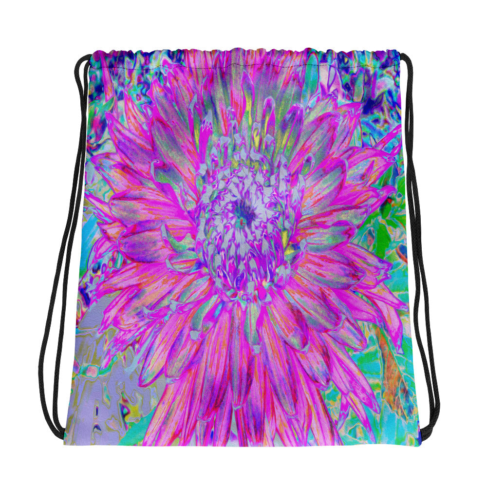 Drawstring Bags, Cool Pink Blue and Purple Artsy Dahlia Bloom