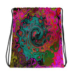 Drawstring Bags, Trippy Turquoise Abstract Retro Liquid Swirl