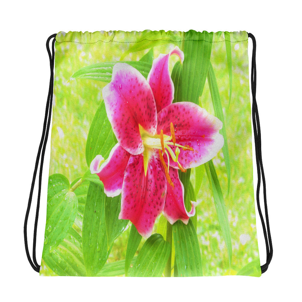 Drawstring Bags, Pretty Deep Pink Stargazer Lily on Lime Green