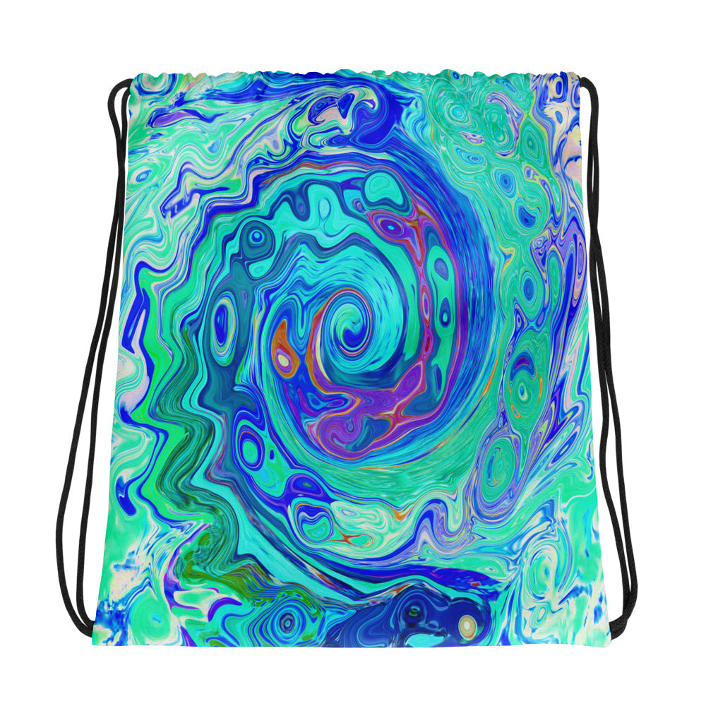 Drawstring Bags, Groovy Abstract Ocean Blue and Green Liquid Swirl