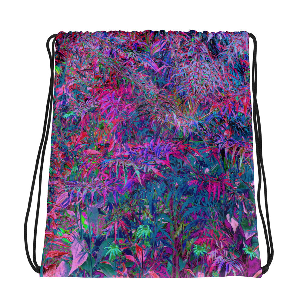 Drawstring Bags, Abstract Psychedelic Rainbow Colors Foliage Garden