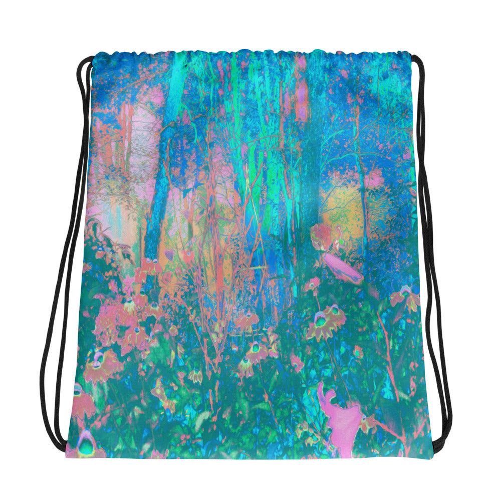 Drawstring Bags, Trippy Aqua Sunrise with Psychedelic Garden Flowers