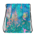 Drawstring Bags, Trippy Aqua Sunrise with Psychedelic Garden Flowers