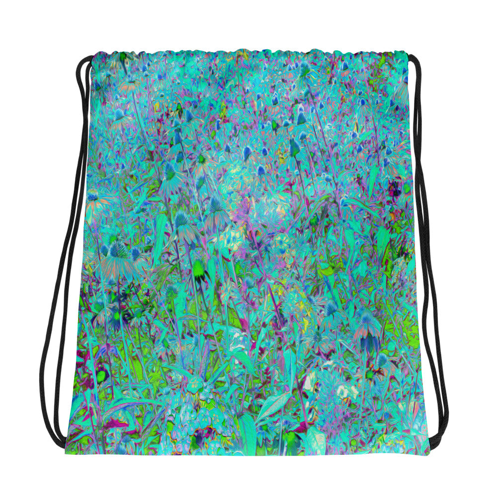 Drawstring Bags, Abstract Aqua Green and Purple Coneflower Garden