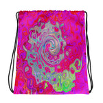 Drawstring Bags, Groovy Abstract Teal Blue and Red Swirl