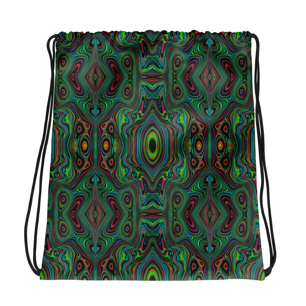 Drawstring Bags, Trippy Retro Black and Lime Green Abstract Pattern