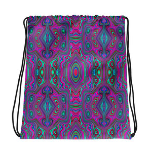 Drawstring Bags, Trippy Retro Magenta, Blue and Green Abstract