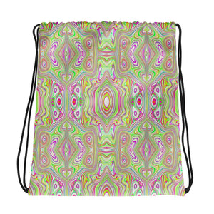 Drawstring Bags, Trippy Retro Pink and Lime Green Abstract Pattern