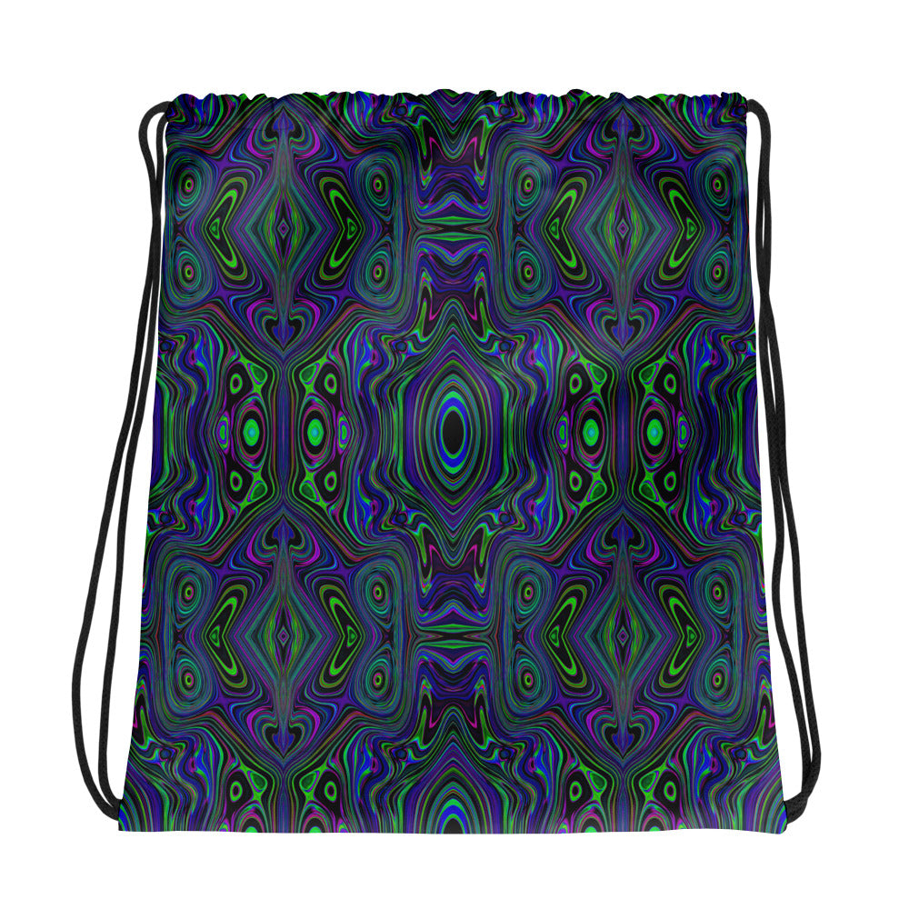Drawstring Bags, Trippy Retro Royal Blue and Lime Green Abstract