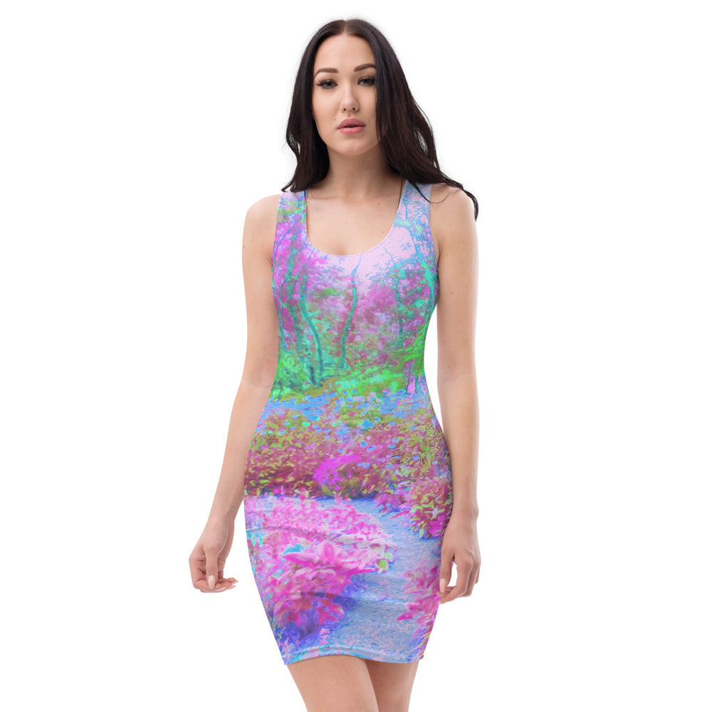 Bodycon Dresses for Women, Impressionistic Pink and Turquoise Garden Landscape