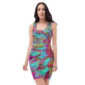 Bodycon Dresses for Women, Psychedelic Teal Blue Abstract Decorative Dahlia