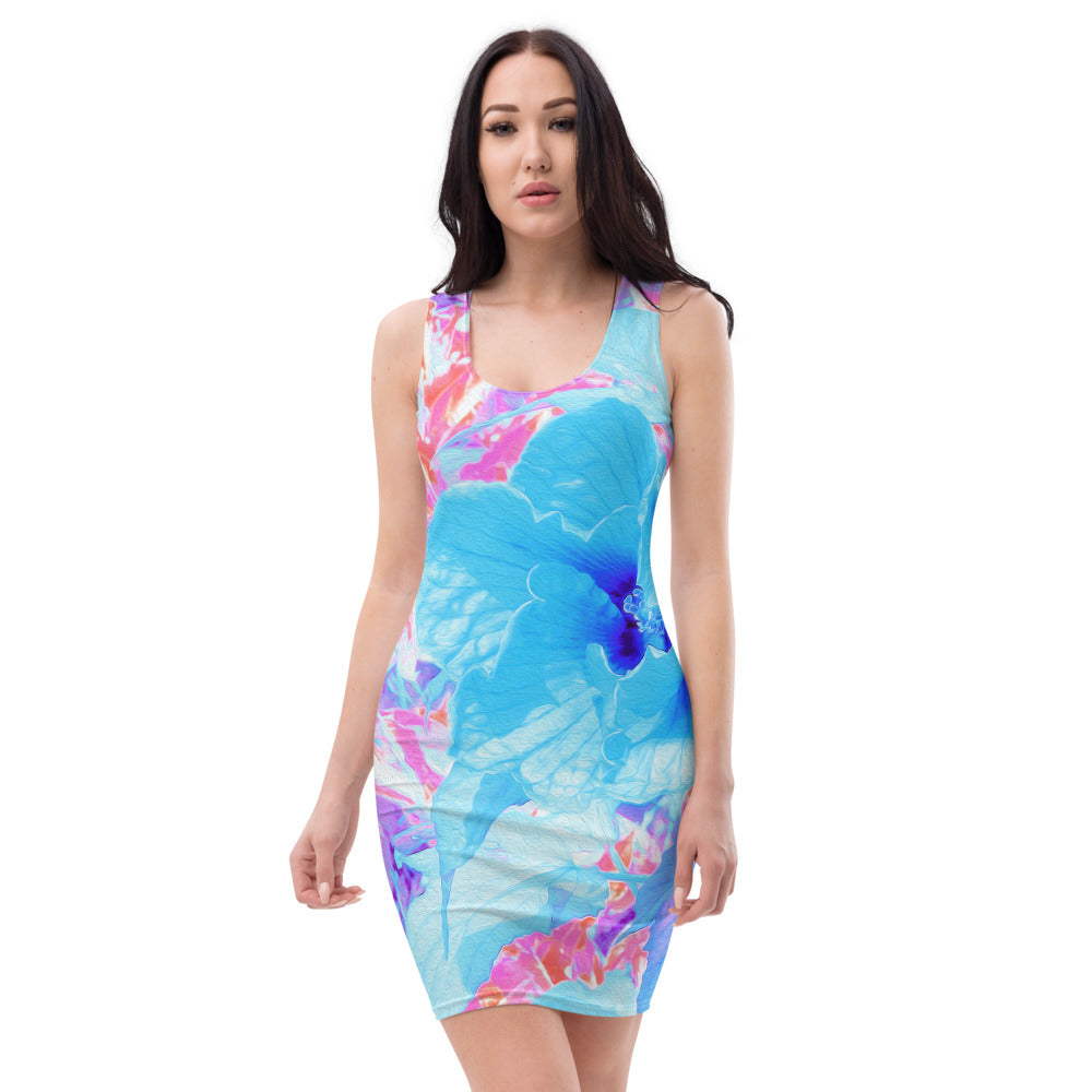 Bodycon Dresses for Women, Two Cool Blue Plum Crazy Hibiscus on Purple