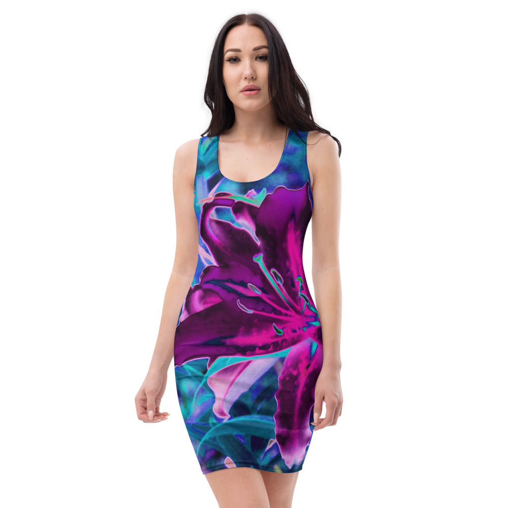 Bodycon Dresses, Purple and Hot Pink Abstract Oriental Lily Flowers