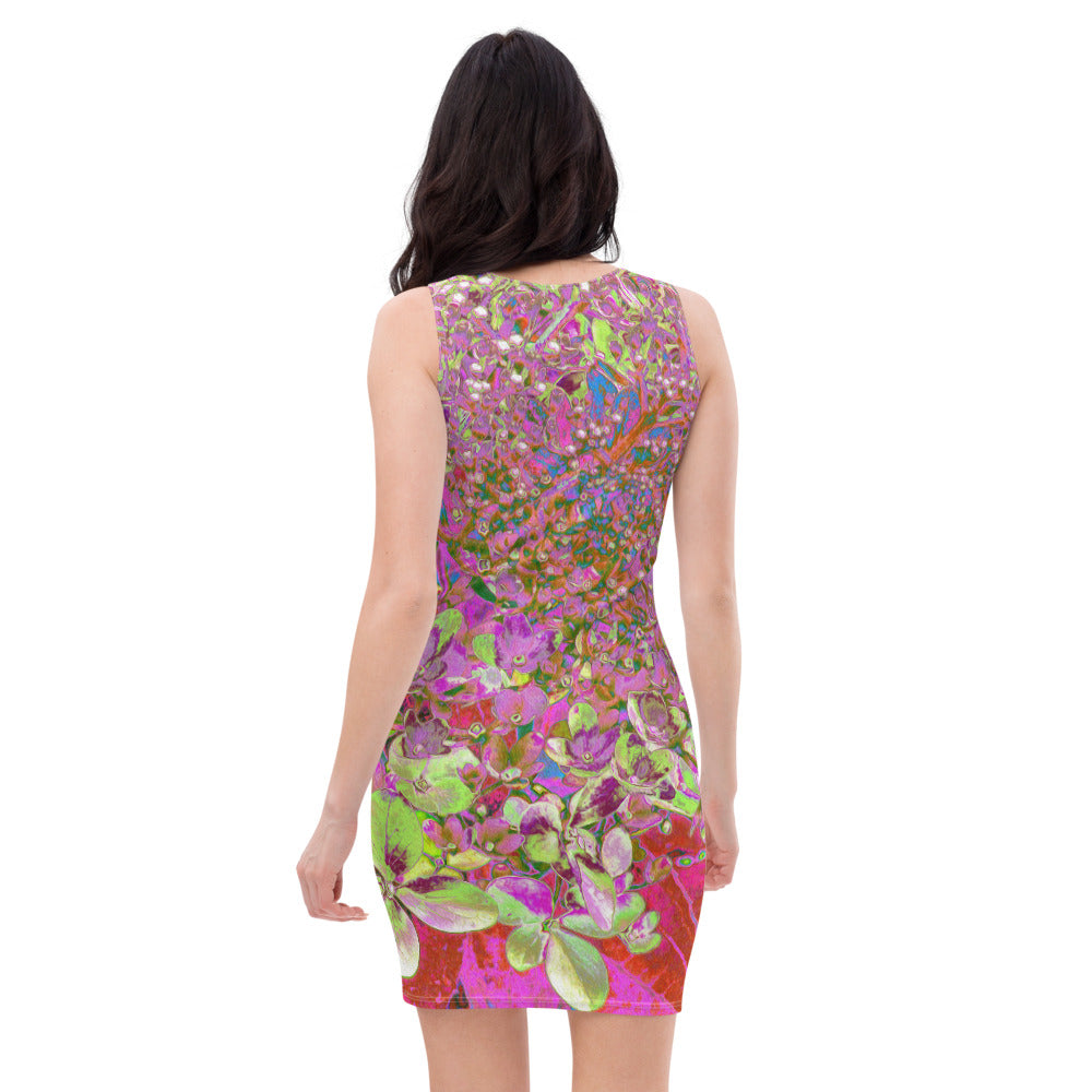 Bodycon Dresses for Women, Elegant Chartreuse Green, Pink and Blue Hydrangea