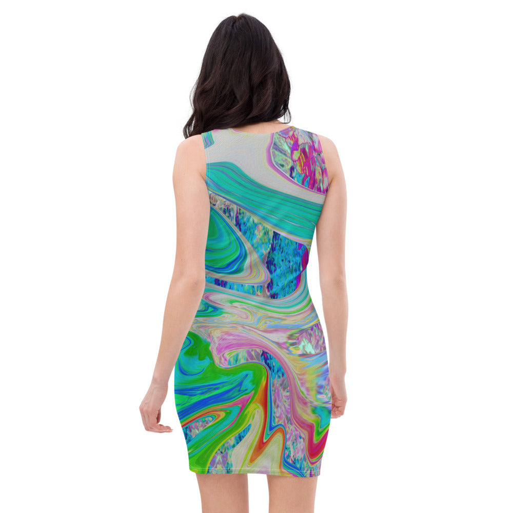 Bodycon Dresses, Colorful Marbled Lime Green Abstract Retro Liquid Art