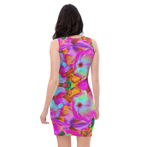 Bodycon Dress, Hydrangea Flower Petals in Aqua, Magenta and Orange