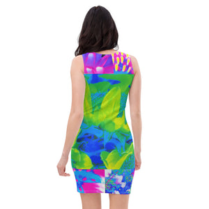 Colorful Bodycon Dress, Abstract Patchwork Sunflower Garden Collage