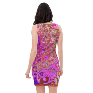 Bodycon Dress for Women, Hot Pink Marbled Colors Abstract Retro Swirl
