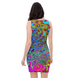 Colorful Bodycon Dress, Trippy Sky Blue Abstract Retro Liquid Swirl