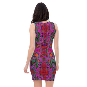 Bodycon Dress, Cool Trippy Magenta, Red and Green Wavy Pattern