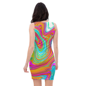 Bodycon Dress, Blue, Orange and Hot Pink Groovy Abstract Retro Art