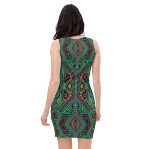 Bodycon Dress, Trippy Retro Black and Lime Green Abstract Pattern