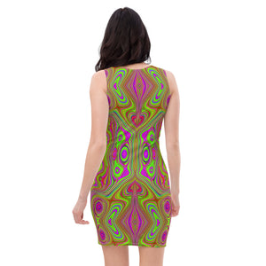 Bodycon Dress, Trippy Retro Chartreuse Magenta Abstract Pattern
