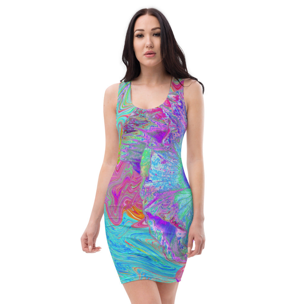 Bodycon Dresses, Psychedelic Retro Rainbow Blue Hibiscus