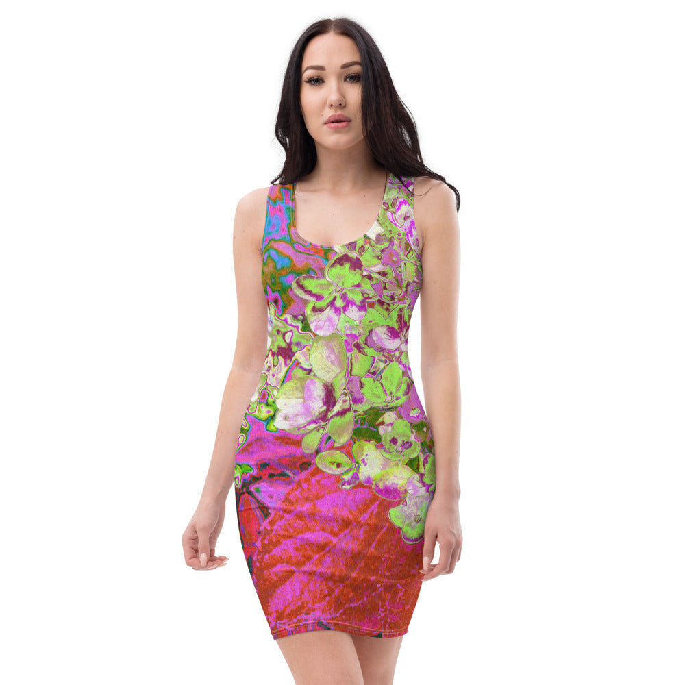 Bodycon Dresses for Women, Elegant Chartreuse Green, Pink and Blue Hydrangea