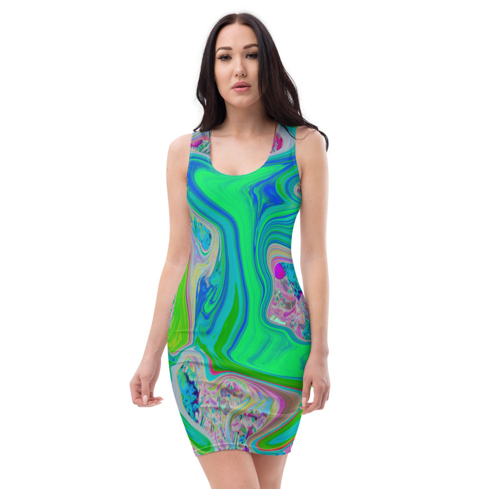 Bodycon Dresses, Colorful Marbled Lime Green Abstract Retro Liquid Art