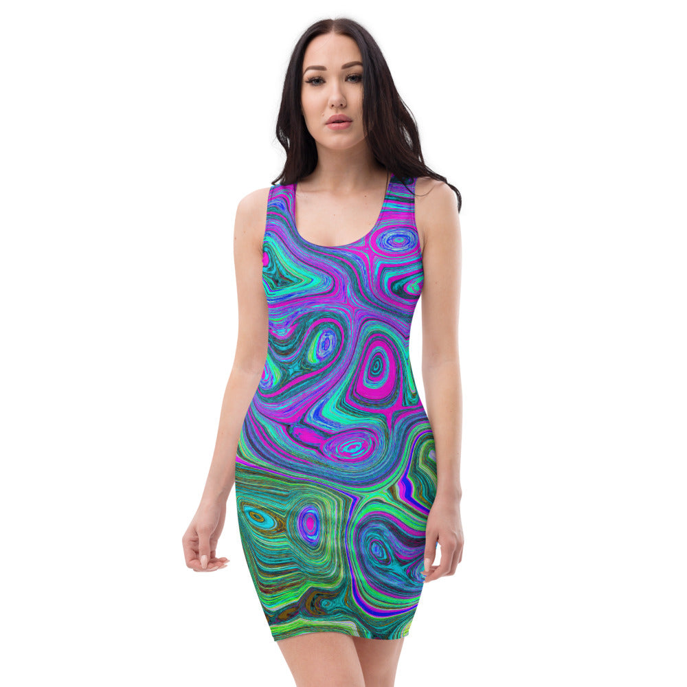 Bodycon Dresses for Women, Marbled Magenta and Lime Green Groovy Abstract Art