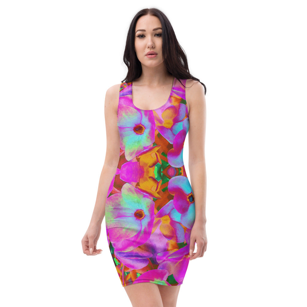 Bodycon Dress, Hydrangea Flower Petals in Aqua, Magenta and Orange