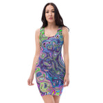 Bodycon Dresses for Women, Marbled Lime Green and Purple Abstract Retro Swirl