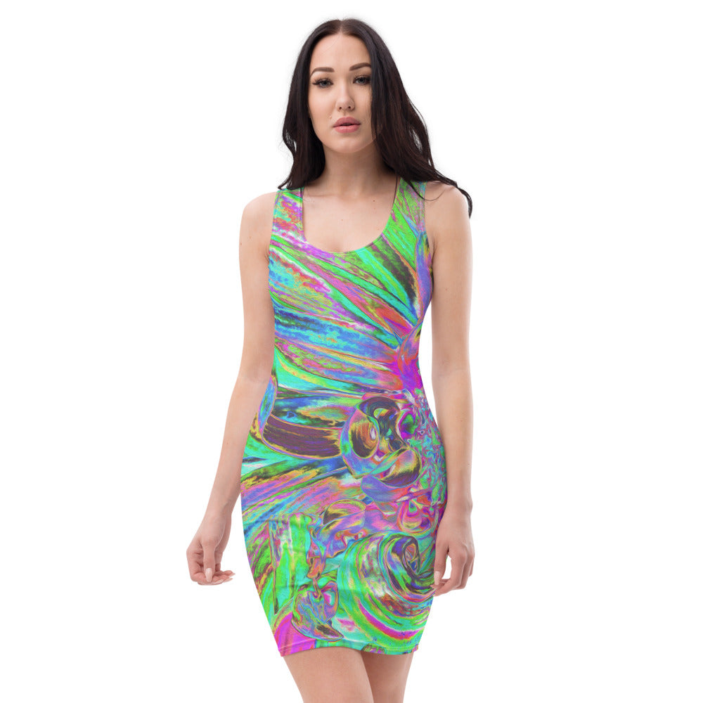 Bodycon Dresses for Women, Festive Colorful Psychedelic Dahlia Flower Petals