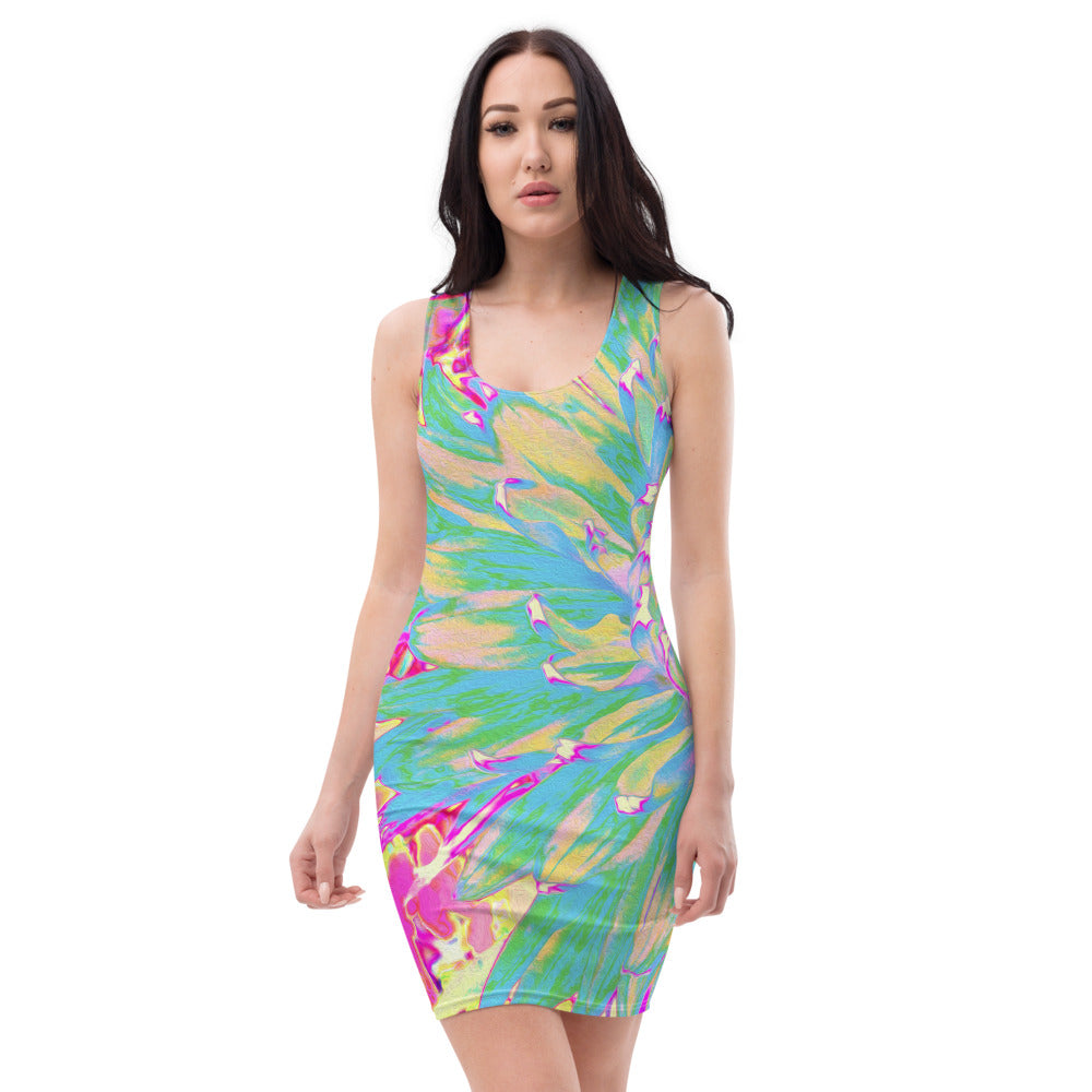 Bodycon Dresses for Women, Decorative Teal Green and Hot Pink Dahlia Flower