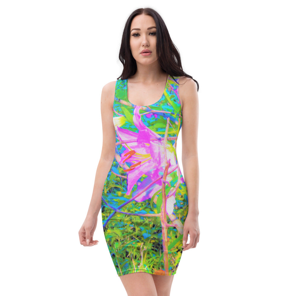 Colorful Floral Bodycon Dress, Abstract Oriental Lilies in My Rubio Garden