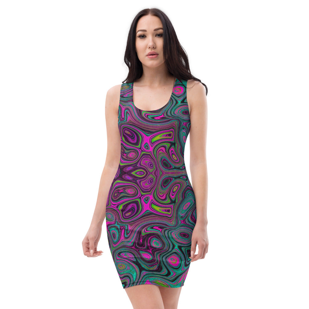 Bodycon Dresses for Women, Abstract Magenta and Teal Blue Groovy Retro Pattern