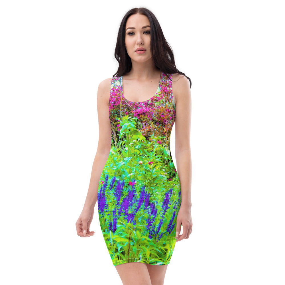 Floral Bodycon Dresses for Women, Green Spring Garden Landscape with Peonies