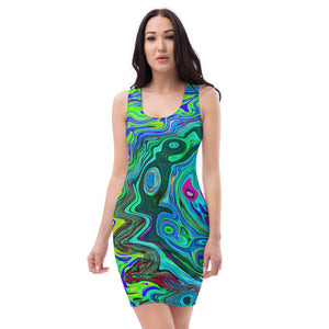 Colorful Bodycon Dress, Groovy Abstract Retro Green and Blue Swirl