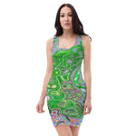 Colorful Groovy Bodycon Dresses, Trippy Lime Green and Pink Abstract Retro Swirl