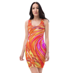 Colorful Bodycon Dress, Abstract Retro Magenta and Autumn Colors Floral Swirl