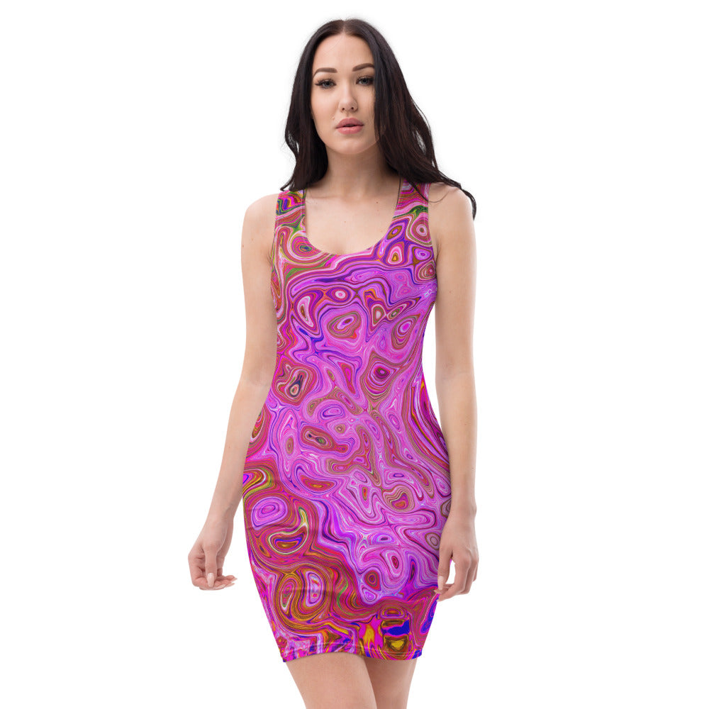 Bodycon Dress for Women, Hot Pink Marbled Colors Abstract Retro Swirl