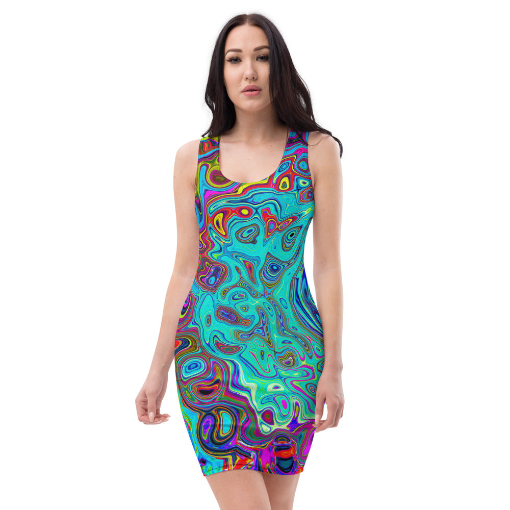 Colorful Bodycon Dress, Trippy Sky Blue Abstract Retro Liquid Swirl