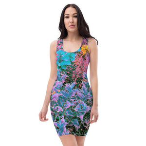 Bodycon Dress, Abstract Coral, Pink, Green and Aqua Garden Foliage