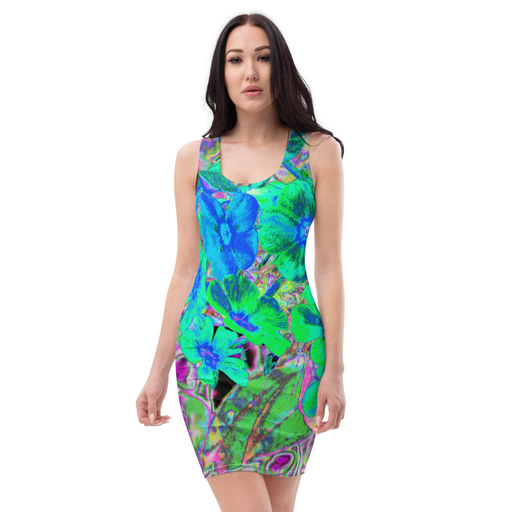 Bodycon Dress, Psychedelic Trippy Lime Green and Blue Flowers