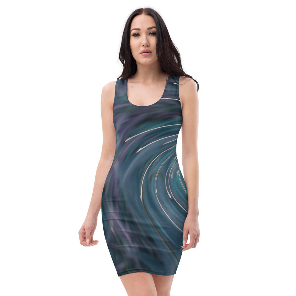 Bodycon Dress, Cool Abstract Retro Black and Teal Cosmic Swirl