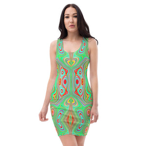 Bodycon Dress, Trippy Retro Orange and Lime Green Abstract Pattern