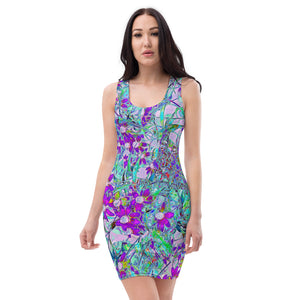 Bodycon Dress, Aqua Garden with Violet Blue and Hot Pink Flowers