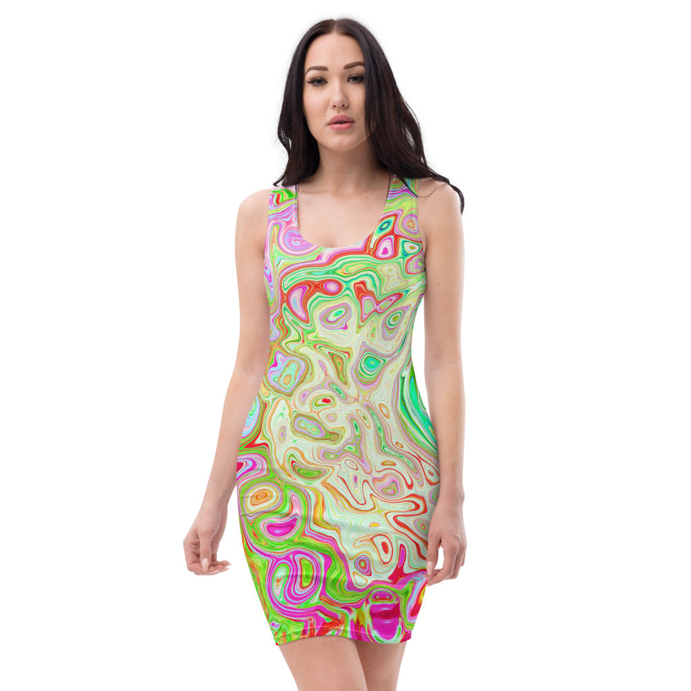 Bodycon Dress, Groovy Abstract Retro Pastel Green Liquid Swirl